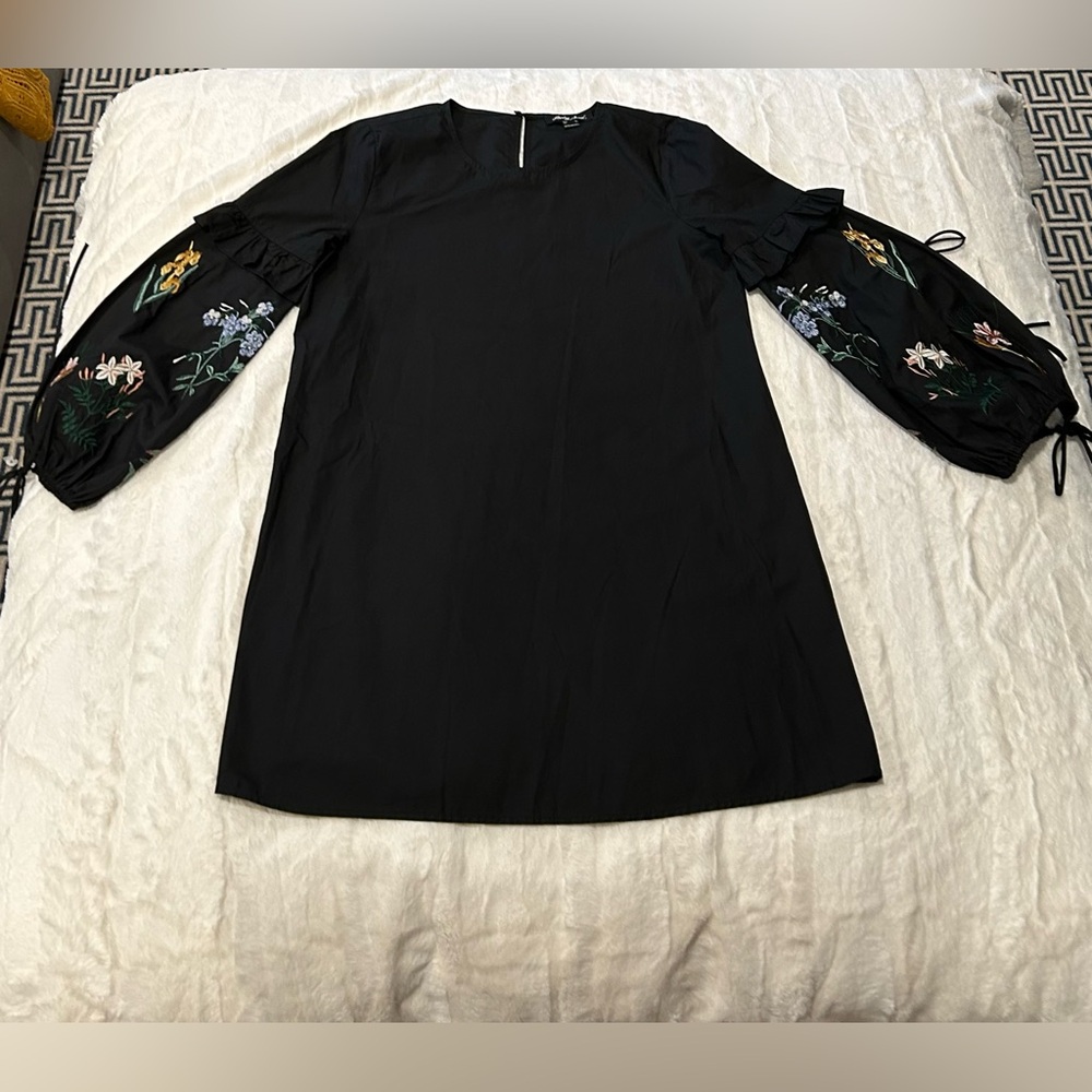 Black embroidered floral ruffle sleeve dress